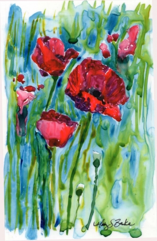 Vibrant red poppies take center stage in this lush watercolor on yupo with blues and greens combining into turquoise in the background leaves and sky for a rainy feeling by Mary Benke