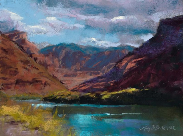 Pastel landscape painting Along the Colorado River featuring water, rocks, mountains, and Fisher Towers in Utah near Moab by Mary Benke