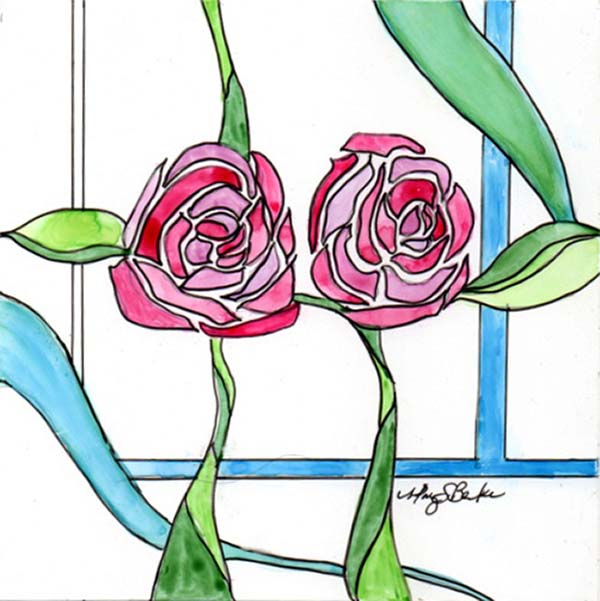 Inspired by Scottish artist and architect Charles Rennie Mackintosh, this watercolor painting on yupo paper combines delicate line work and pink, green and blue watercolor for a stained glass, art deco feel by Mary Benke
