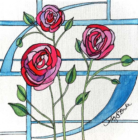 Inspired by Scottish artist and architect Charles Rennie Mackintosh, this watercolor painting combines delicate line work and pink, green and blue watercolor for a stained glass, art deco feel by Mary Benke