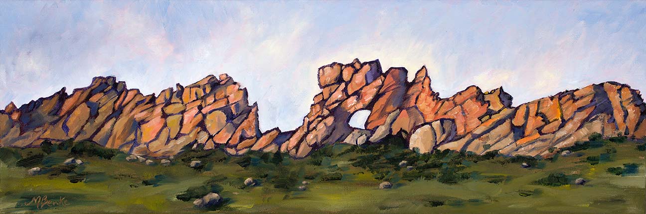 Panoramic oil landscape painting of Loveland, Colorado's intriguing rock formation, the Devil's Backbone done in a graphic style by Mary Benke