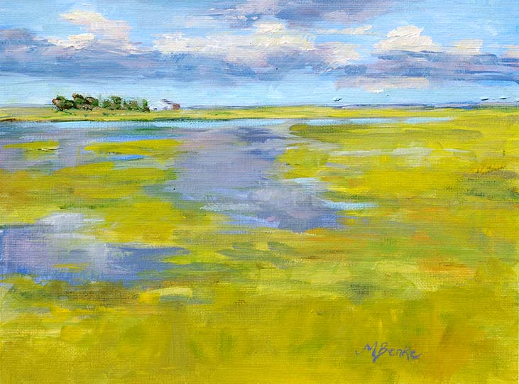 Landscape oil painting of a periwinkle marsh in lime green midwestern fields with barn in distance under stormy skies by Mary Benke