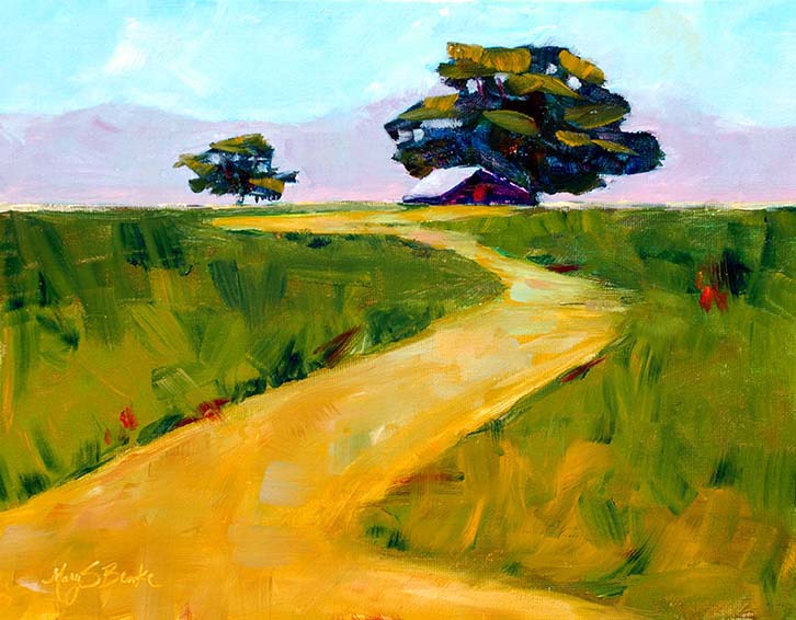 Rustic oil landscape painting of a path leading up to a deserted barn under cottonwood trees by Mary Benke
