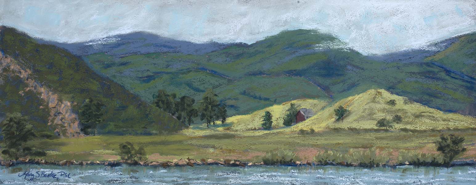 Panoramic landscape pastel painting of Fort Collins' Watson Lake painted en plein air with rolling hills and a hidden barn by Mary Benke