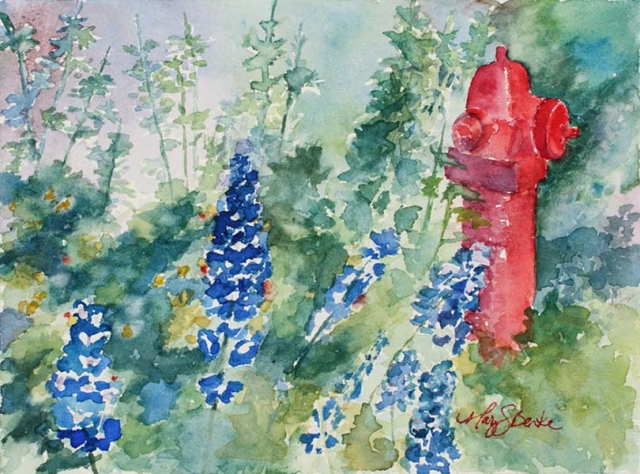 Watercolor landscape painting of blue delphiniums and other flowers with a red fire hydrant in Breckenridge, a Colorado Mountain town by Mary Benke