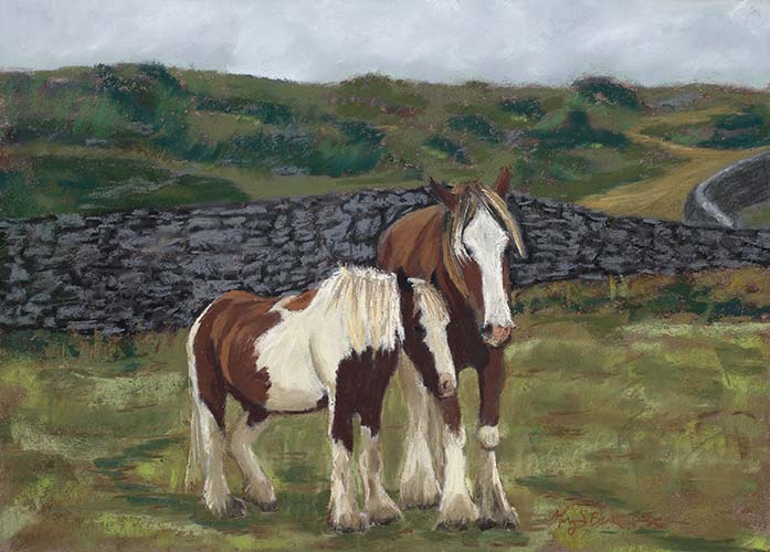 A pair of work horses huddle together in an eye-catching Irish rural scene in this pastel painting by Mary Benke