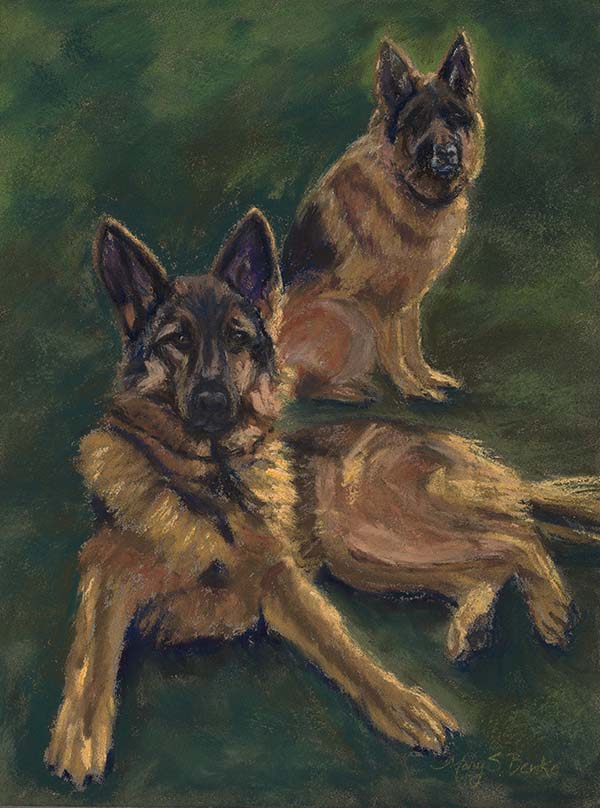 The bold pastel strokes and vibrating colors of this canine portrait capture the unique personalities of this pair of energetic alsatians/German Shepherds by Mary Benke