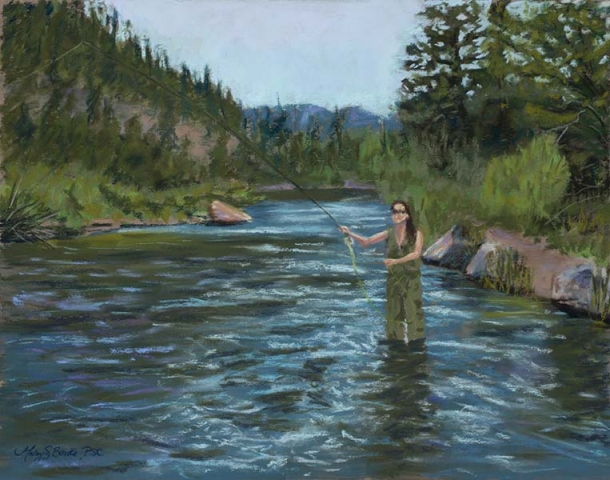 Pastel painting of a beautiful female fly fisherman casting in a blue river with ripples and a mountain setting by Mary Benke