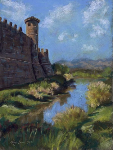A pastel painting of an authentically built, 13th century-inspired Tuscan castle and winery called Castello di amorosa is located in Napa Valley, but could just as easily be in Italy by Mary Benke