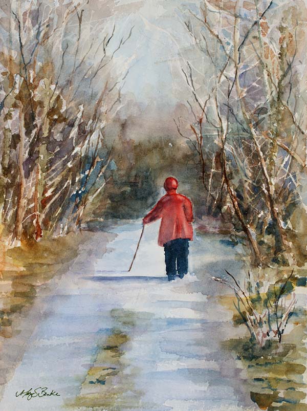 Watercolor painting of an elderly Irish lady in a red coat with a cane walking down a picturesque winter lane in County Clare by Mary Benke