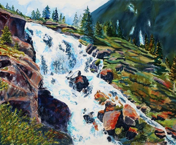 Pastel landscape painting of Continental Falls, a waterfall near Breckenridge, Colorado, by Mary Benke