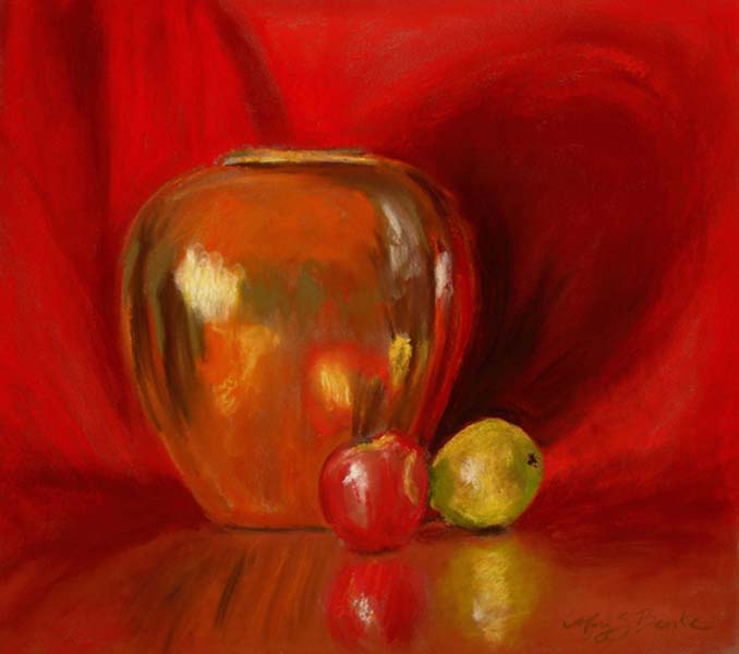Still life pastel painting of a copper pot with a lemon and a pair against a bright red background by Mary Benke