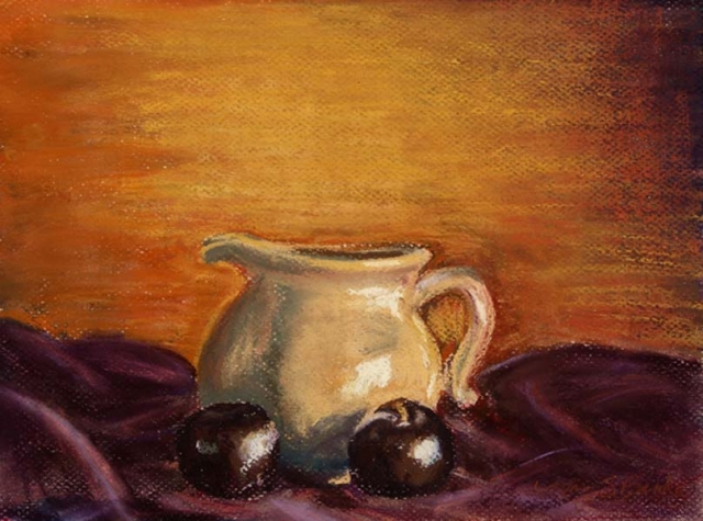 Still life pastel painting small cream pitcher with plums in golds and purples by Mary Benke