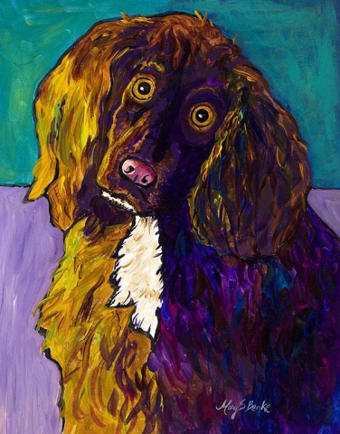 Brightly colored with a background of teal and lavender, this is a charming portrait of an English Cocker Spaniel with a curious expression by Mary Benke