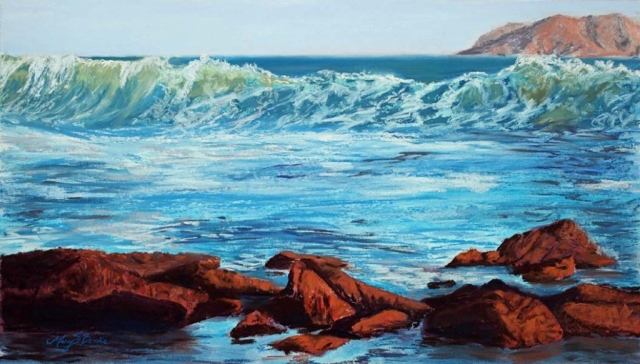 Seascape pastel painting of an ocean wave with rocks in the foreground by Mary Benke