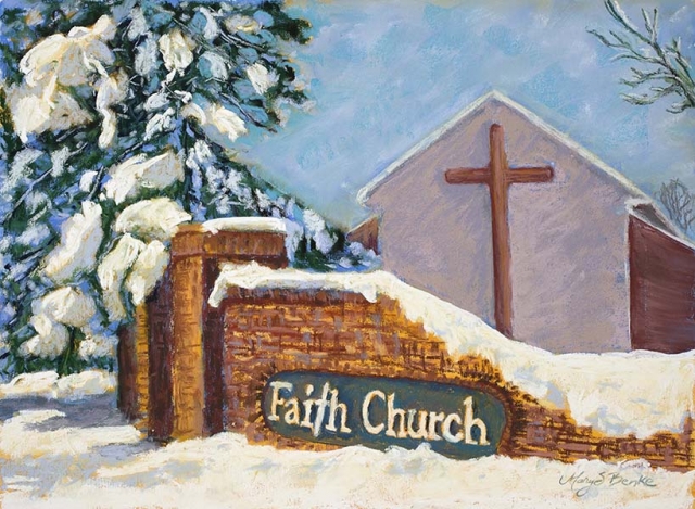 A peaceful church lies under a blanket of heavy snow on a bright winter morning in this colorful, textured pastel painting by Mary Benke