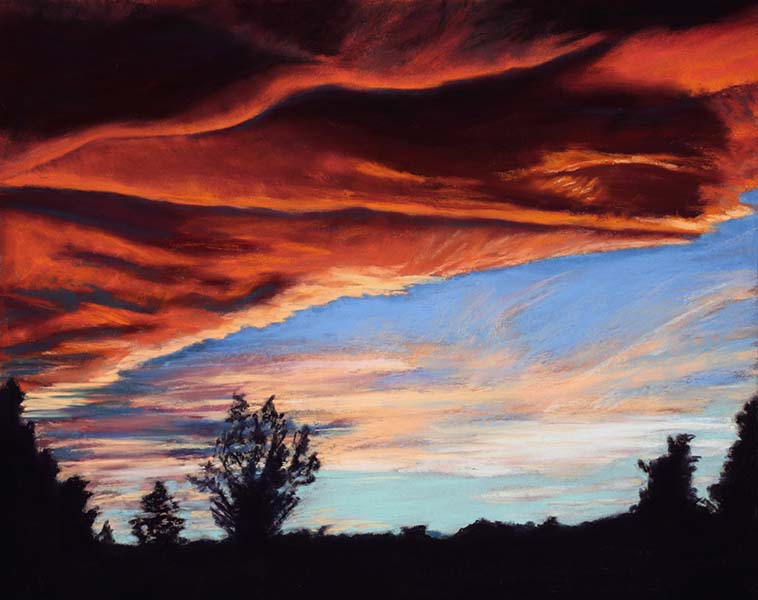 Landscape pastel painting of a fiery orange sunset by Mary Benke