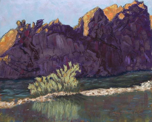 Landscape pastel painting of the sunrise at Picnic Rock along the tranquil Poudre River, Colorado, by Mary Benke