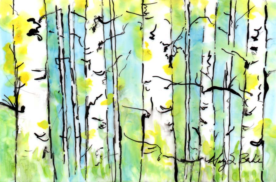 Abstract landscape painting of yellow aspens in a glen in watercolor and ink on Yupo paper by Mary Benke