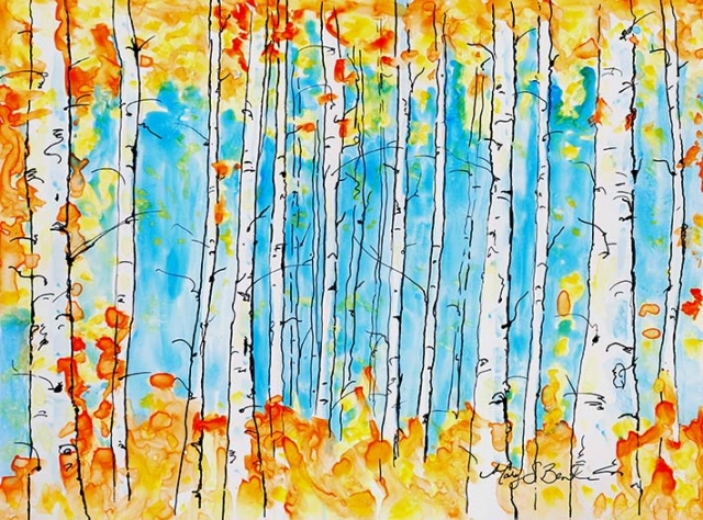 Abstract landscape painting of yellow and orange aspens in a glen in watercolor and ink on Yupo paper by Mary Benke