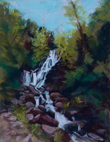 Landscape pastel painting of a dramatic waterfall set in vibrant greenery and warm colored rocks by Mary Benke