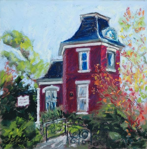A pastel painting of The McCreery House, a red Victorian house in Loveland, Colorado, site of many weddings by Mary Benke