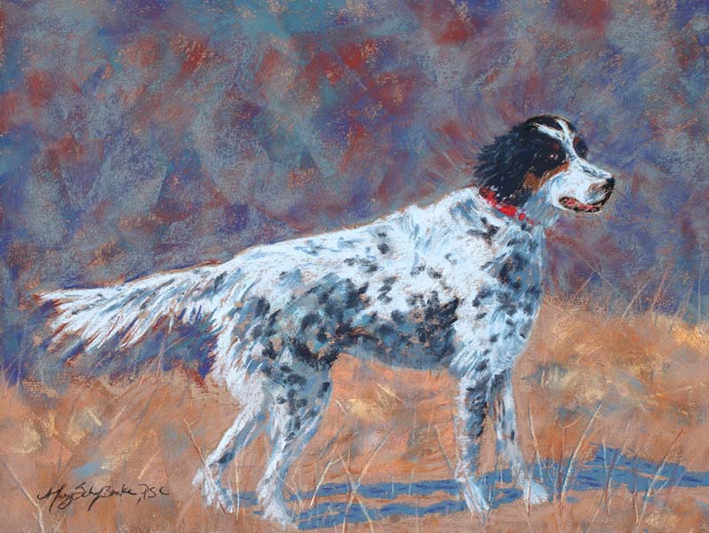 A pastel animal portrait of an English Setter hunting dog on point painted against a colorful background by Mary Benke