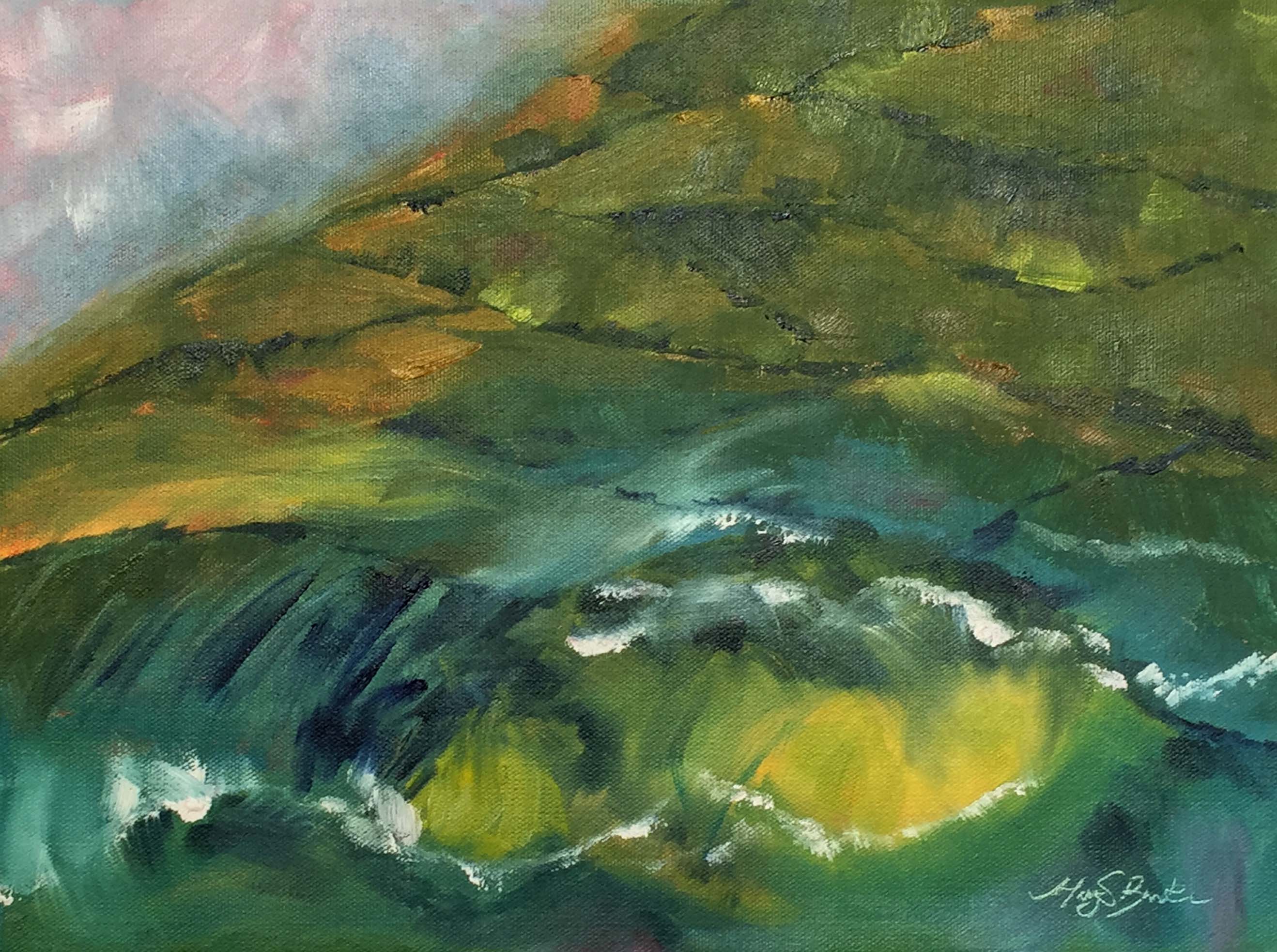 Abstract landscape oil painting of ocean waves fading into patchwork green hills of the Antrim Coast in Northern Ireland by Mary Benke