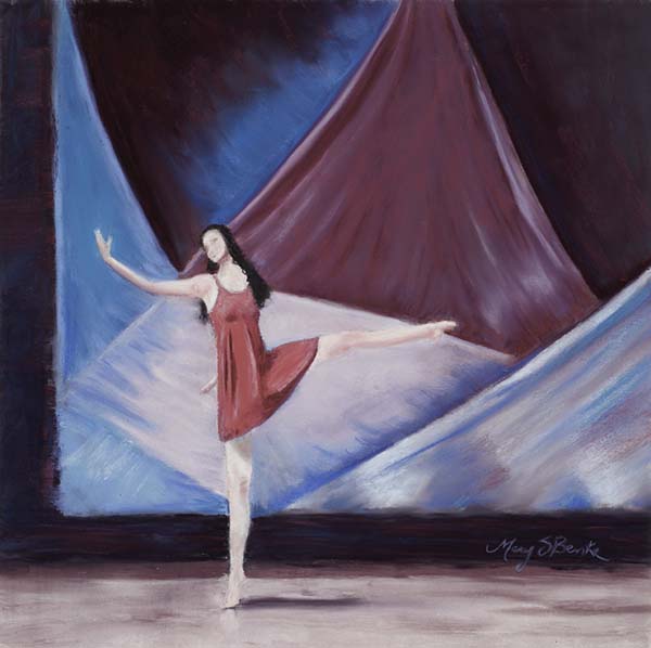 An expressive dancer against an abstract stage set holds a pose during a lyrical/contemporary solo dance performance painted in pastel by Mary Benke