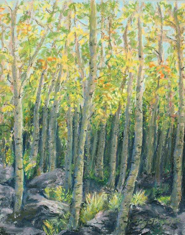 Landscape pastel painting of aspen trees in fall in a glen featuring yellow and orange foliage by Mary Benke