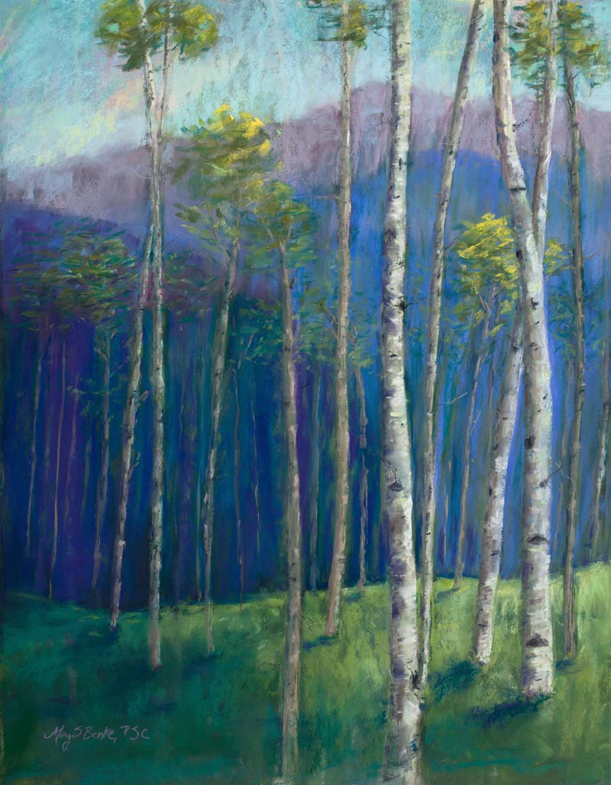 An abstract landscape pastel painting of tall aspen trees set against blue and lavender mountains by Mary Benke
