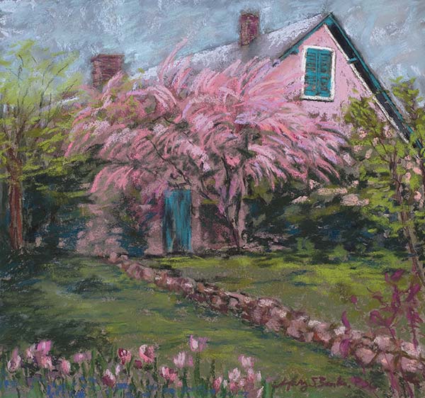Inspired by a magical visit to Claude Monet's house and gardens at Giverny, France, this pastel painting combines vibrant pinks and greens to capture the idyllic Spring scene by Mary Benke