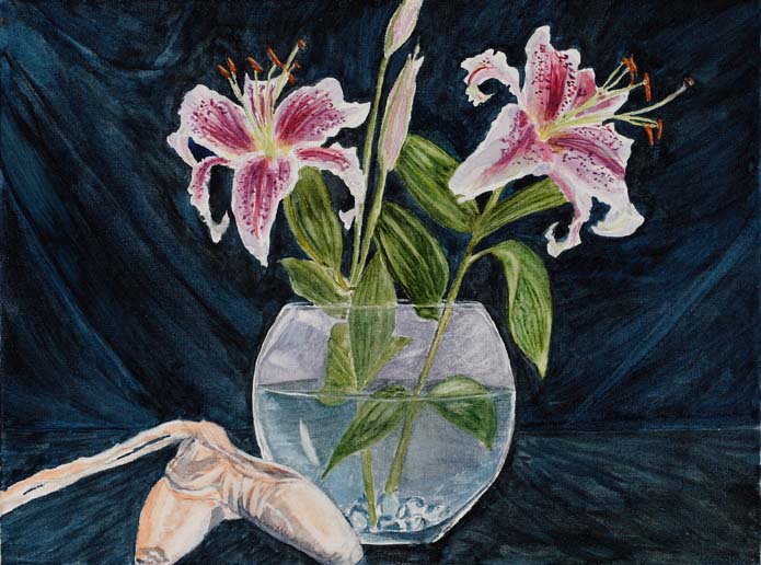 Still life painting of lilies and ballet pointe shoes in watercolor by Mary Benke