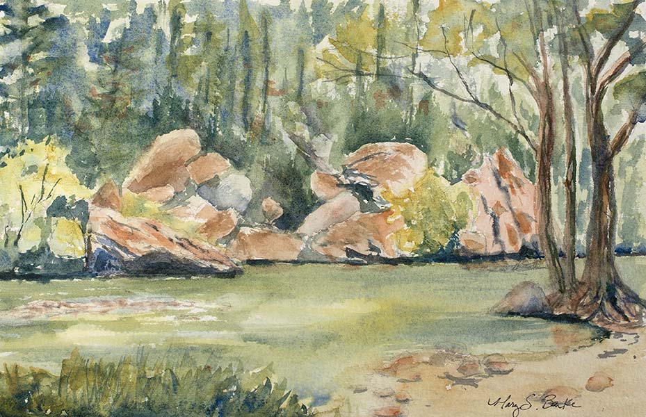 Watercolor landscape painting done en plein air at the Poudre River featuring rocks, trees and water, by Mary Benke