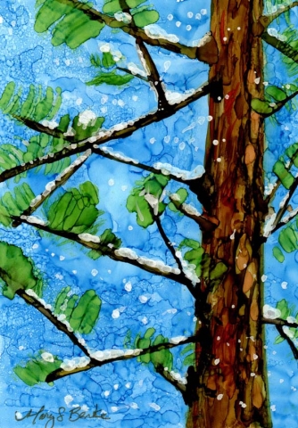 Alcohol ink holiday painting with a pine tree with snow on it for Christmas by Mary Benke
