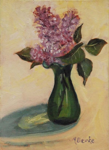 Still life painting of lilacs in green vase with reflections by Mary Benke