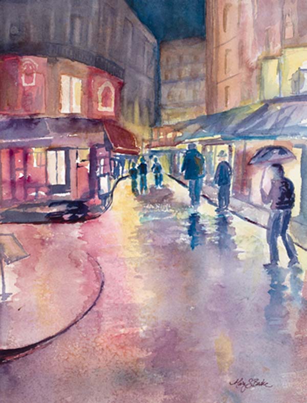 French cafes beckon Parisians and tourists alike out of the weather in this colorful, rain-drenched watercolor featuring multicolored reflections by Mary Benke