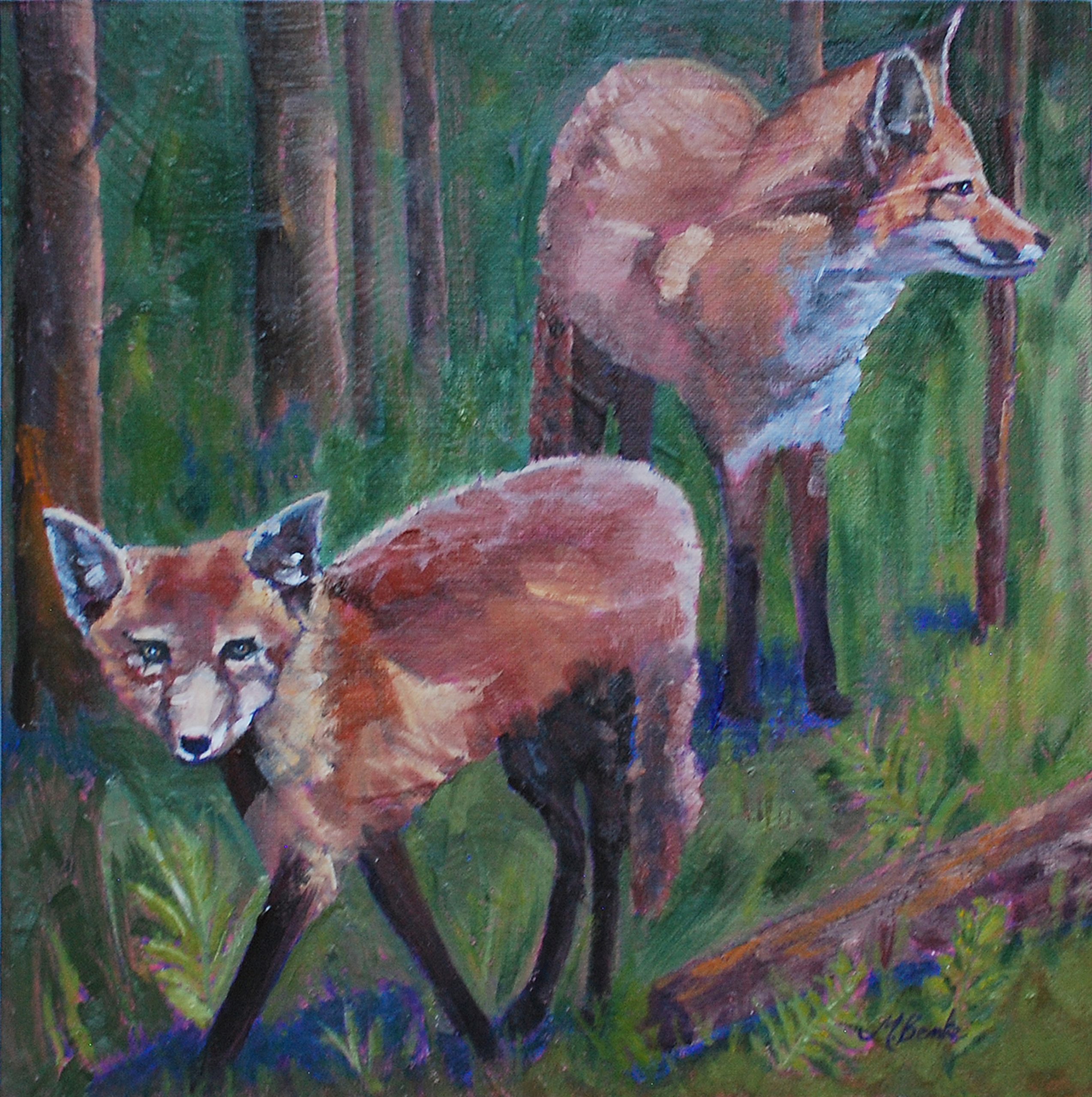 For anyone who loves foxes, this striking oil painting features a pair of kits out looking for adventure as they emerge from a deep green forest. Their fur is painted with strong brushstrokes in various shade of red, making a strong contrast with violet shadows and green foliage by Mary Benke