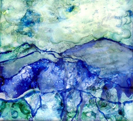 Abstract alcohol ink landscape of mountains in greens and blues by Mary Benke