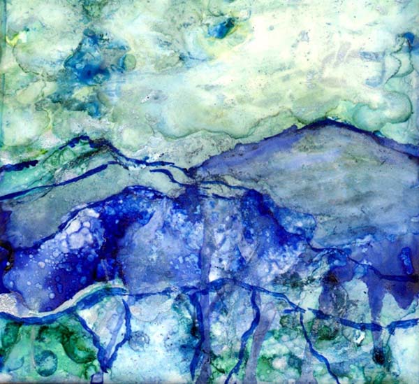 Abstract alcohol ink landscape of mountains in greens and blues by Mary Benke