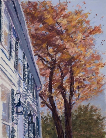 The composition of this autumnal New England scene highlights the intersection of aesthetic in nature and architecture in a colonial house with a fall tree by Mary Benke