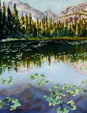 Landscape watercolor painting of Rocky Mountain National Park's Nymph Lake with mountains, pine trees, and water lilies reflected in the lake by Mary Benke