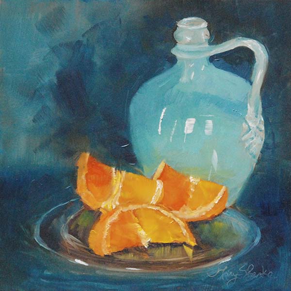 Still life oil painting of antique blue vase with orange slices on clear plate by Mary Benke