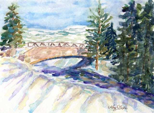 Watercolor landscape painting of a bridge a river in the snow in the Colorado mountains featuring pine tress and pastel-colored shadows by Mary Benke