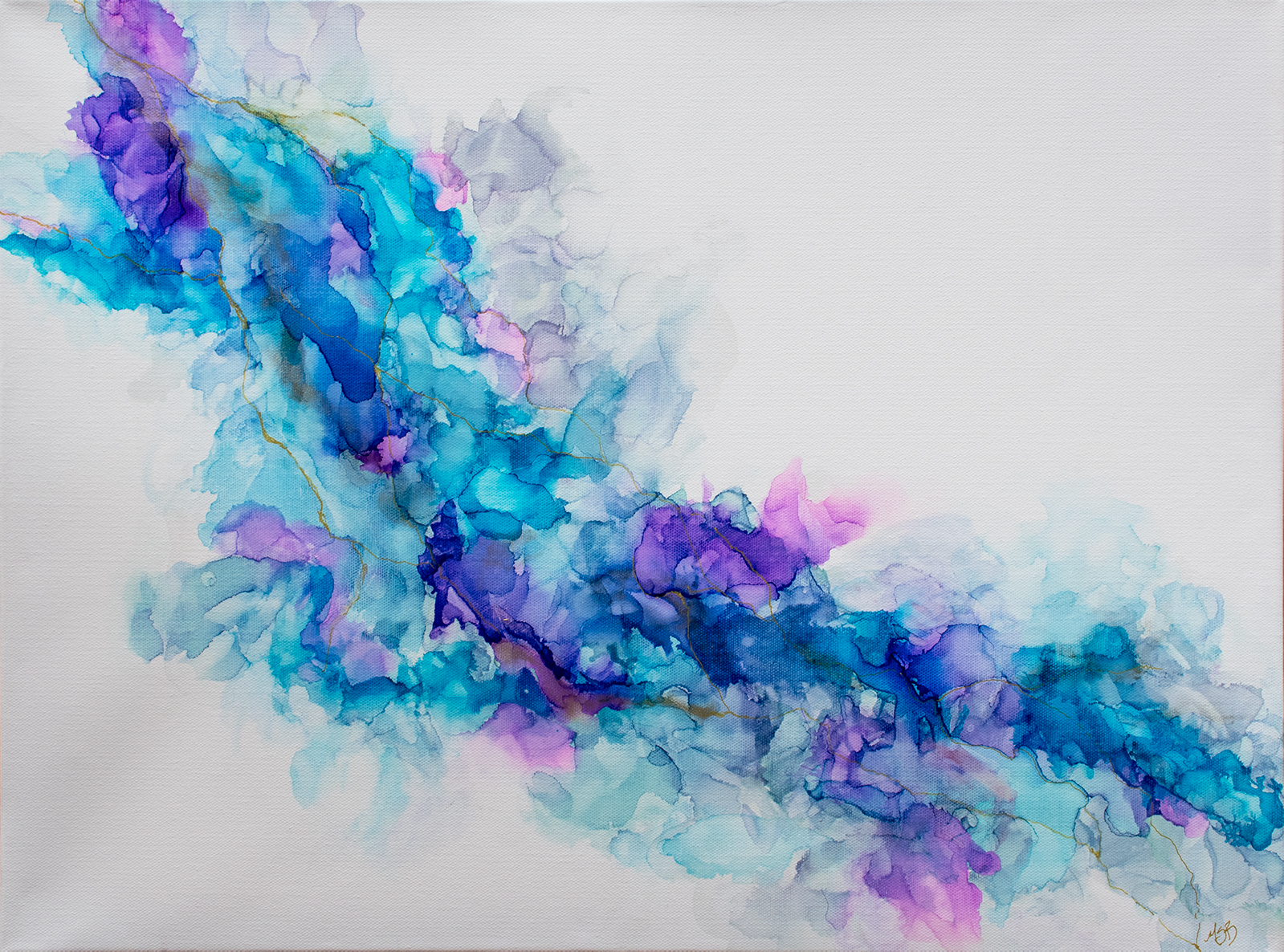 Abstract painting of teal, blue, and purple with gold veins in alcohol ink on canvas by Mary Benke