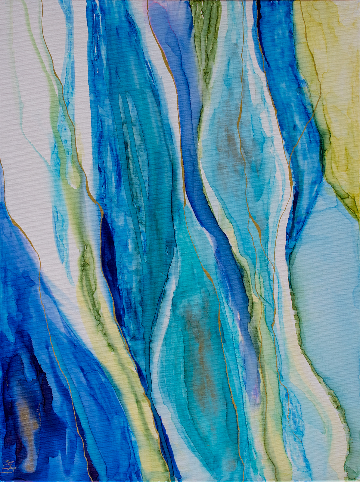 Abstract painting of teal, blue, and green with gold veins in alcohol ink on canvas by Mary Benke