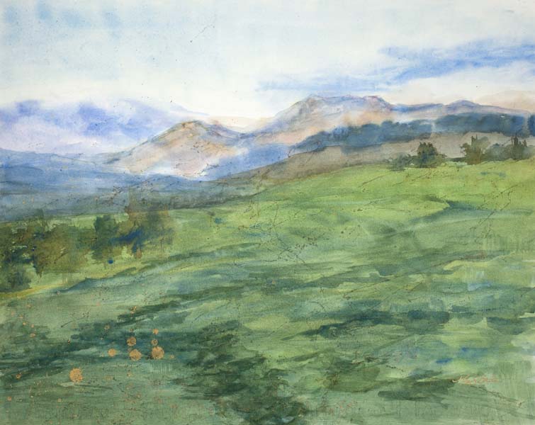 Abstract watercolor/mixed media landscape of rolling green hills with distant mountains and soft clouds with touches of gold by Mary Benke