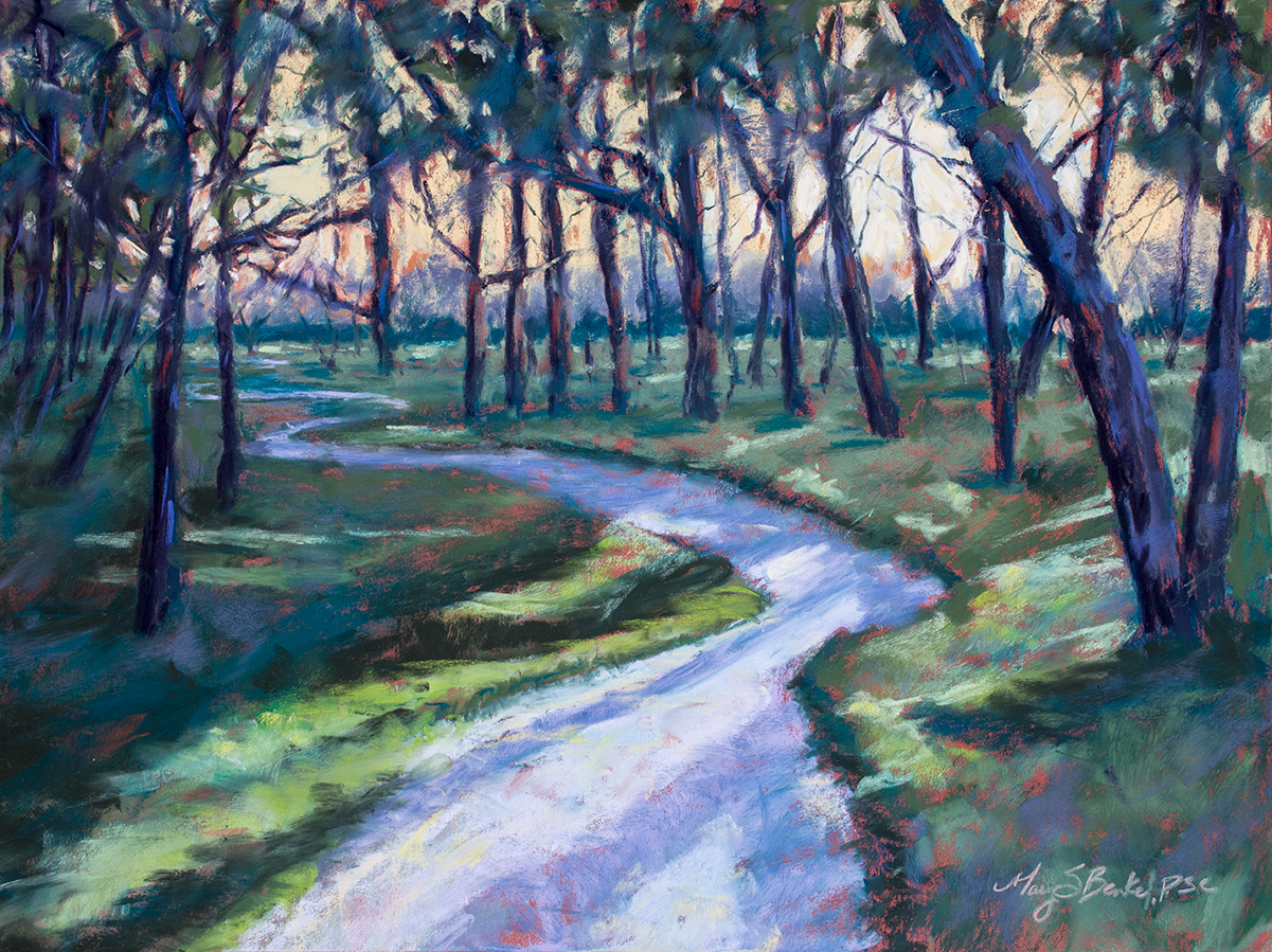 In this peaceful pastel painting, a winding path is striped with colorful shadows leading through a wooded glen at sunset by Mary Benke.