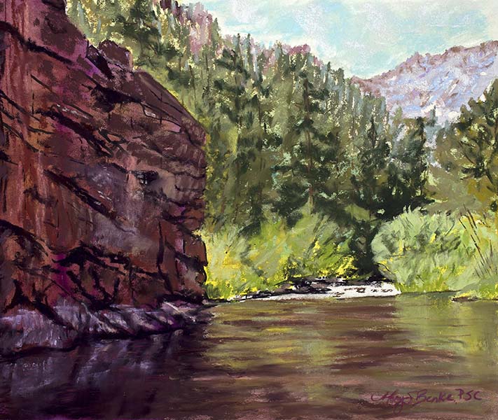 Landscape pastel painting of Phantom Canyon, a prime fly fishing river in Colorado by Mary Benke