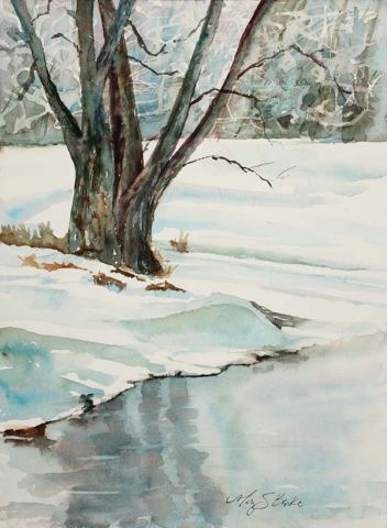 Watercolor landscape painting of a bare tree, blue snow bank and icy river by Mary Benke